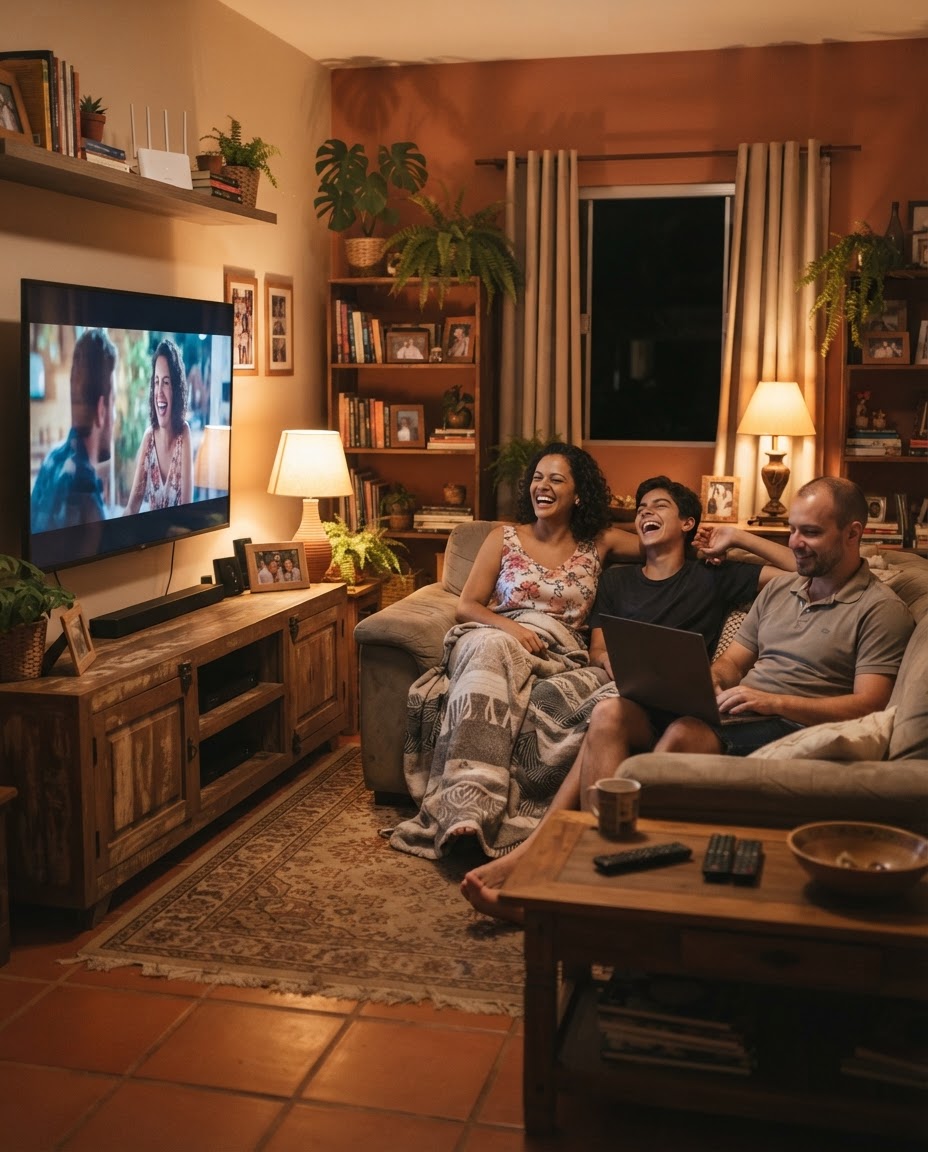 Família usando a internet fibra da Janga Net